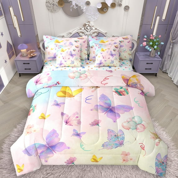 Manfei Dreamy Purple Butterfly 7-Piece Twin Bedding Sets for Kids, Cartoon Moth Lover Bedding Comforter Set, Fairy Tale Reversible Sheet Sets, Breathable Home Decor