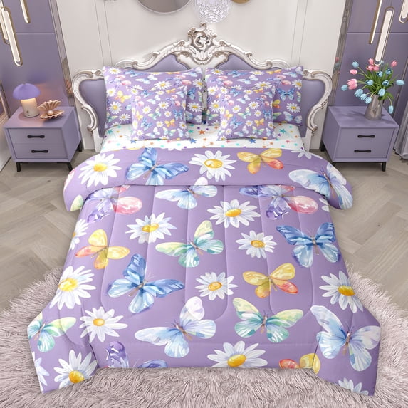 Homewish Dreamy Purple Butterfly Bedding Comforter Set 7 Pieces for Kids, Kawaii Cartoon Animal Full Bedding Set, Rustic Groovy Flower Reversible Fitted Sheet Flat Sheet, Ultra Soft Bedroom Decor