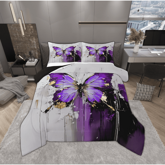 Manfei Dreamy Purple Butterfly Bedding Comforter Set for Female, Oil Printing Twin Comforter Sets, Romantic Animal Reversible Bedding Set, Ultra Soft Home Decor, 2pcs