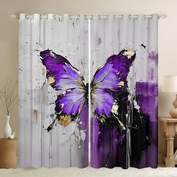 Manfei Dreamy Purple Butterfly Black Out Curtains for Female, Oil Printing Curtains Pack of 2 (42x63 Each), Romantic Animal Bedroom Curtains, Black Out Curtains Home Decor