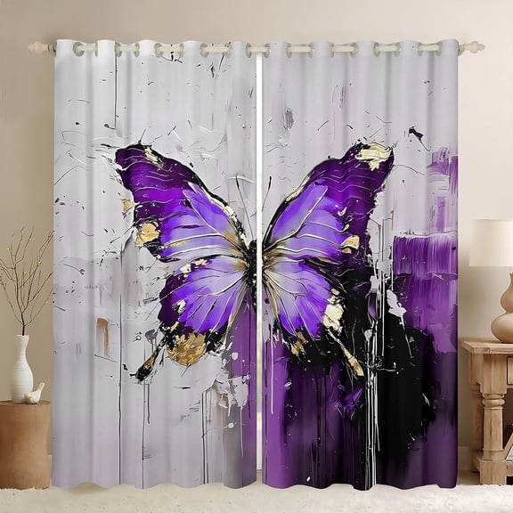 Manfei Dreamy Purple Butterfly Black Out Curtains for Female, Oil Printing Curtains Pack of 2 (42x63 Each), Romantic Animal Bedroom Curtains, Black Out Curtains Home Decor