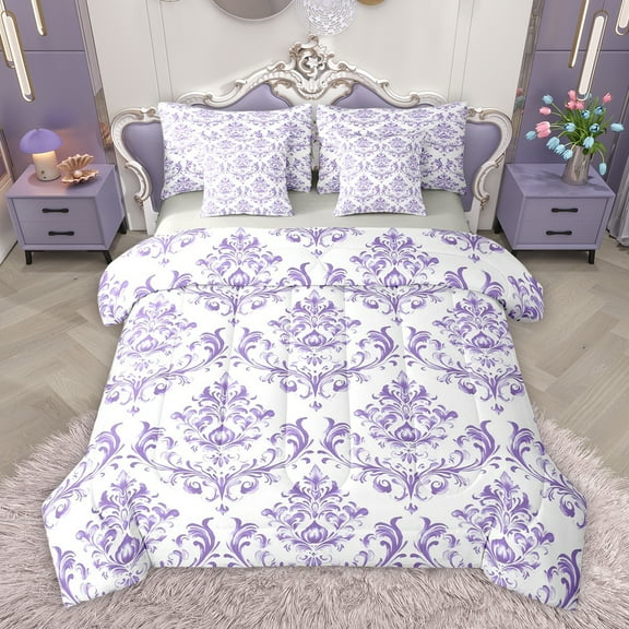 Homewish Dreamy Purple Damask Bedding Comforter Set 7pcs, Tribal Bohemian Floral King Bedding Sets, Teens Girls Adult Women Reversible Bed Sheets, Microfiber Bedroom Decor