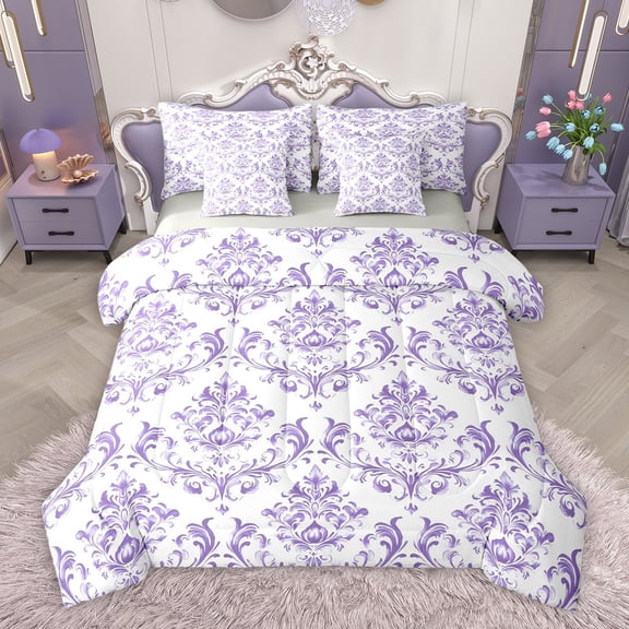 Homewish Dreamy Purple Damask Bedding Comforter Set 7pcs, Tribal Bohemian Floral Queen Bedding Sets, Teens Girls Adult Women Reversible Queen Sheet Sets, Microfiber Bedroom Decor