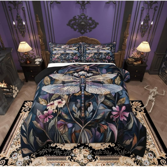 Manfei Dreamy Purple Dragonfly Full Size Comforter Sets, Mystic Galaxy Moon Bedding Comforter Set, Mandala Jungle Floral Reversible Bedding Sets, Microfiber Bedroom Decor, 3-Piece