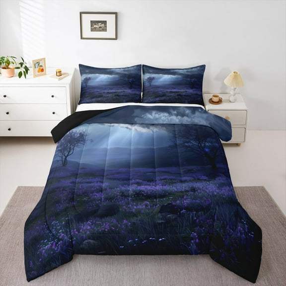 Manfei Dreamy Purple Flower Bedding Comforter Set,Natural Landscape Twin Comforter Sets,Rustic Floral Bedding Set For Kids,Girls,Ultra Soft Home Decor Reversible,2pcs
