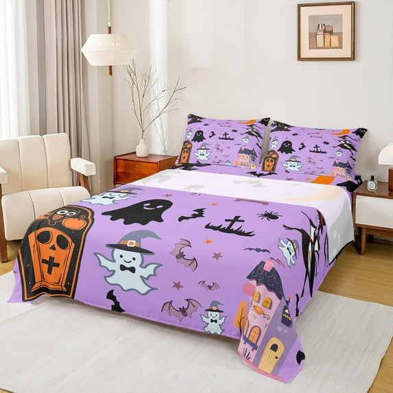 Manfei Dreamy Purple Ghost Twin Sheet Sets, Gothic Castle Print Twin Fitted Sheet, Teens Boys Girls Kids Flat Sheet, Lightweight Room Decor, 3-Piece