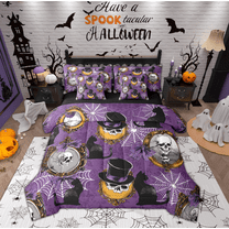 Manfei Dreamy Purple Halloween Twin Bedding Sets 7-Piece, Gothic Skeleton Bedding Comforter Set, Cartoon Spider Web Reversible Sheet Sets, Microfiber Bedroom Decor
