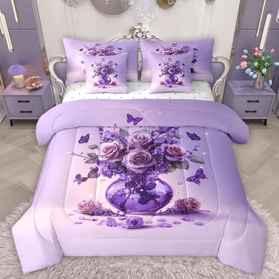 Manfei Dreamy Purple Rose Bedding Comforter Set 7 Pieces for Women, Fashion Flower Floral Full Bedding Set, Mystic Butterfly Reversible Fitted Sheet Flat Sheet, Microfiber Bedroom Decor