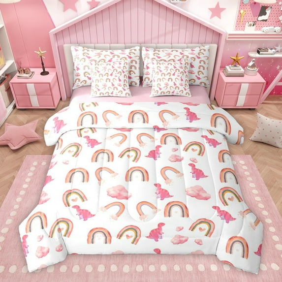 Homewish Dreamy Rainbow Cloud Bedding Comforter Set 7 Pieces, Cute Cartoon Dinosaur Full Bedding Set, Teens Kids Boys Girls Reversible Fitted Sheet Flat Sheet, Super Cozy Room Decor
