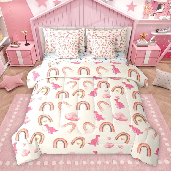Homewish Dreamy Rainbow Cloud Twin Bedding Sets 7-Piece, Cream Pink Cartoon Dinosaur Bedding Comforter Set, Teens Kids Boys Girls Reversible Sheet Sets, Microfiber Bedroom Decor