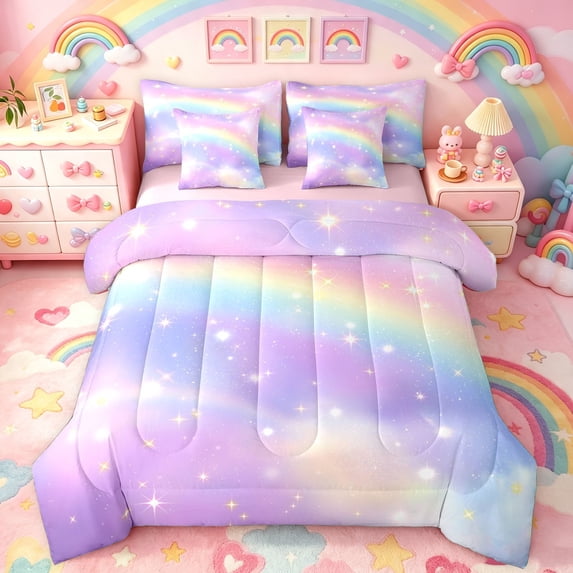 Manfei Dreamy Rainbow Twin Bedding, Glitter Galaxy Stars Bedding Comforter Set, Pastel, Pink Reversible, 7 Pieces