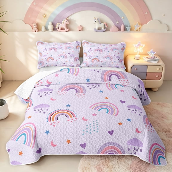 Manfei Dreamy Rainbow Twin Quilt Set, Star Cloud Moon Twin Coverlet Set, Lavender, 2-Piece, 1 Bedspread and 1 Pillowcase