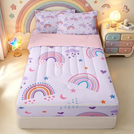 Manfei Dreamy Rainbow Zipper Twin Comforter Sets with Fitted Sheet and 2 Pillowcases, Star Cloud Moon Zipper Bedding Set, Lavender, Pink Reversible, 4-Piece