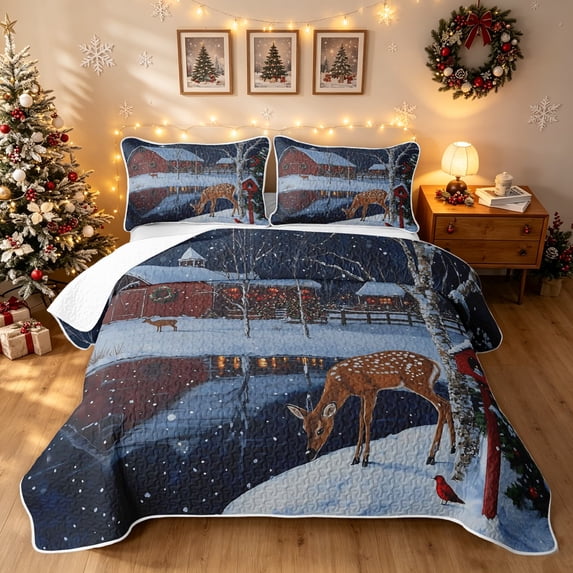Manfei Dreamy Reindeer Quilt Full, Merry Christmas Eve Full Bedspread Sets, Navy Brown, Gray Reversible, 3 Pieces, 1 Coverlet and 2 Pillowcases