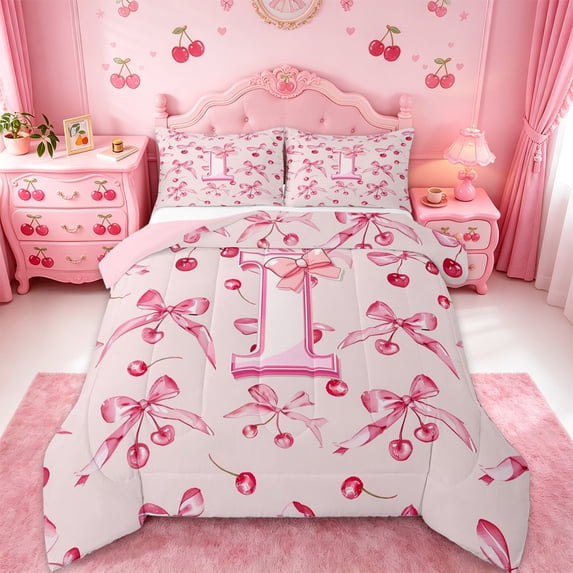 Manfei Dreamy Ribbon Bow Full Size Comforter Sets For Girl,Letter I Initial Lettering Bedding Sets,Pink Reversible,3-Piece
