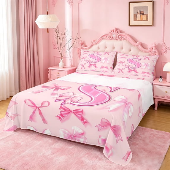 Manfei Dreamy Ribbon Bow Tie Bed Sheets For Girl,Pink 3D Letter I Initial Lettering King Sheets,4 Pieces