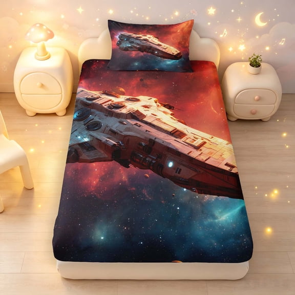 Manfei Dreamy Spaceships Fitted Sheet Full,Celestial Red Nebula Cloud Bed Set,3pcs