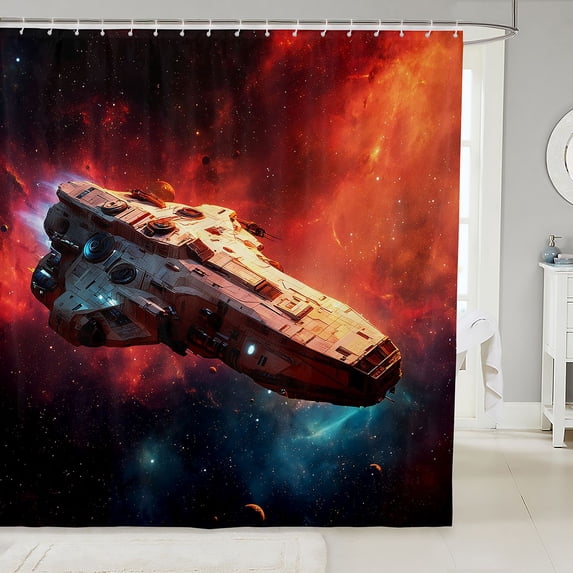 Manfei Dreamy Spaceships Shower Curtain 72Wx84L,Celestial Red Nebula Cloud Bathroom Shower Curtain