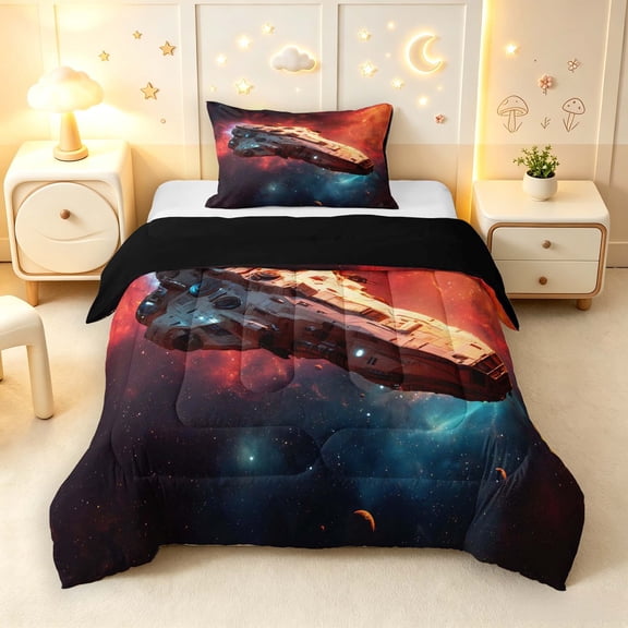 Manfei Dreamy Spaceships Twin Comforter Sets,Celestial Red Nebula Cloud Bedding Set,Black Reversible,2 Pieces,1 Comforter and 1 Pillowcase