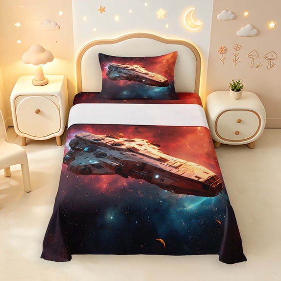 Manfei Dreamy Spaceships Twin Sheets,Celestial Red Nebula Cloud Bedding,3 Pieces,1 Flat Sheet,1 Fitted Sheet and 1 Pillowcase