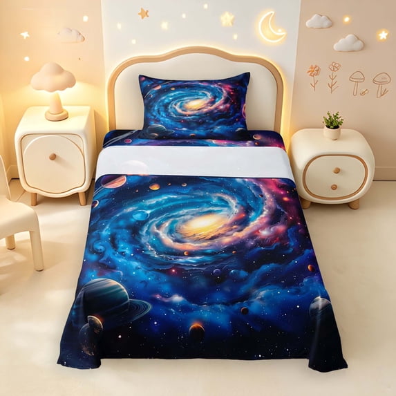 Manfei Dreamy Spiral Galaxy Twin Sheets,Celestial Colorful Planets Bedding,Blue,3 Pieces,1 Flat Sheet,1 Fitted Sheet and 1 Pillowcase