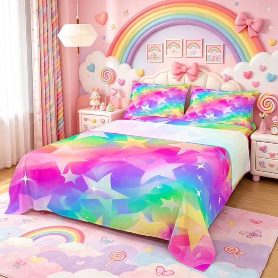 Manfei Dreamy Star King Sheets, Gradient Glitter Rainbow Bedding, Hot Pink Blue, 4 Pieces, 1 Flat Sheet, 1 Fitted Sheet and 2 Pillowcases