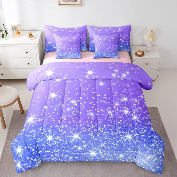 Manfei Dreamy Starry Sky 7-Piece Bedding Comforter Set, Purple Blue Bling Stars King Bedding Sets, Teens Kids Boys Girls Reversible Bed Sheets, Lightweight Room Decor