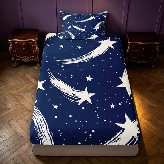 Manfei Dreamy Stars Fitted Sheet Queen,Galaxy Theme Bedding,Navy White,3pcs