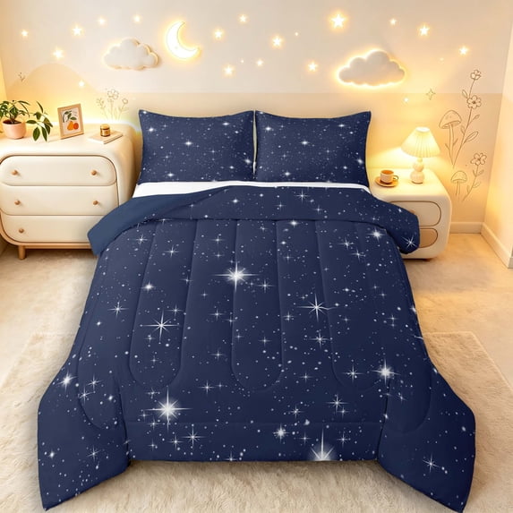 Manfei Dreamy Stars King Size Comforter Sets,Boys Friendly Style Comforters King Size,Dark Blue White,Navy Blue Reversible,3-Piece,1 Comforter and 2 Pillowcases