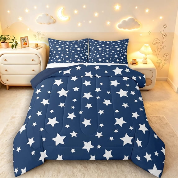Manfei Dreamy Stars King Size Comforter Sets,Galaxy Theme Comforters King Size,Navy Blue White,Navy Blue Reversible,3-Piece,1 Comforter and 2 Pillowcases