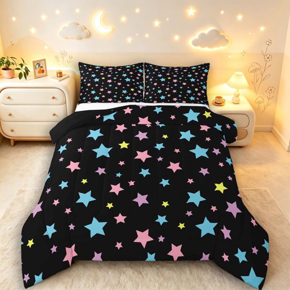 Manfei Dreamy Stars Polka Dot Queen Comforter Set,Kawaii Cartoon Theme Comforter Sets Queen,Black,Black Reversible,3pcs,1 Comforter and 2 Pillowcases