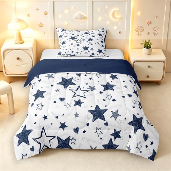 Manfei Dreamy Stars Printed Twin Comforter Sets,Cute Cartoon Heart Bedding Set,White Navy,Navy Blue Reversible,2 Pieces,1 Comforter and 1 Pillowcase