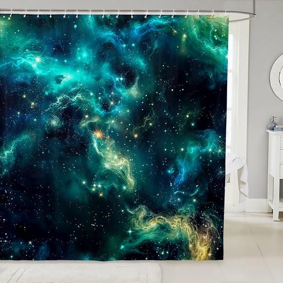 Manfei Dreamy Teal Cosmic Cloud Shower Curtain 72Wx78L,Celestial Stars Bath Curtain