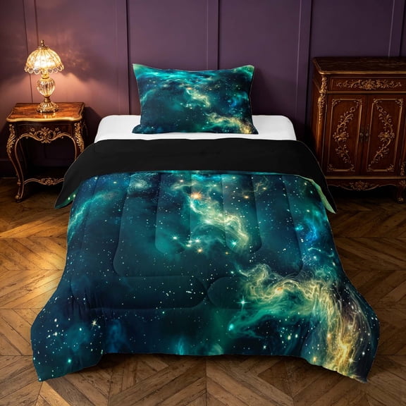 Manfei Dreamy Teal Cosmic Cloud Twin Comforter Sets,Celestial Stars Bedding Set,Black Reversible,2 Pieces,1 Comforter and 1 Pillowcase