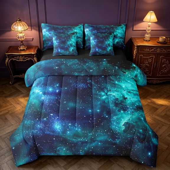 Manfei Dreamy Teal Galaxy 7-Piece Twin Bedding,Sparkling Stars Print Bedding Comforter Set,Black Reversible