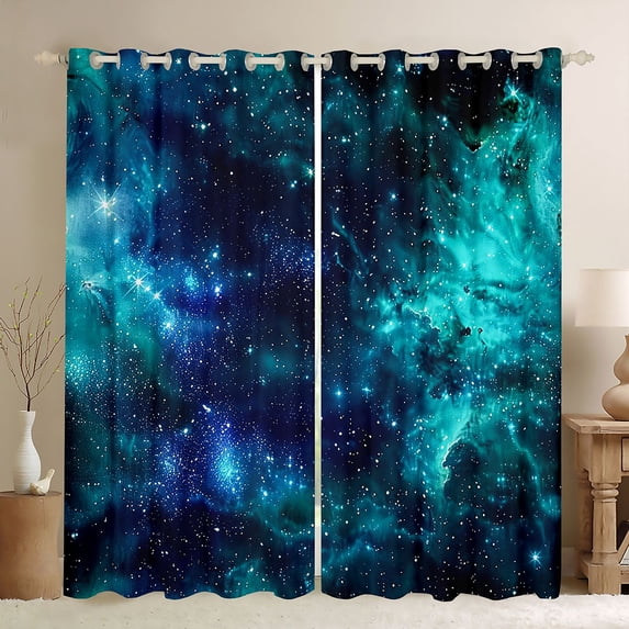 Manfei Dreamy Teal Galaxy Blackout Curtains,Sparkling Stars Print Window Curtains Pack of 2 (38x45 Each)
