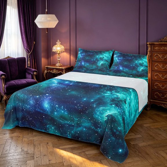 Manfei Dreamy Teal Galaxy Queen Sheets,Sparkling Stars Print Queen Sheet Sets,4pcs,1 Flat Sheet,1 Fitted Sheet and 2 Pillowcases
