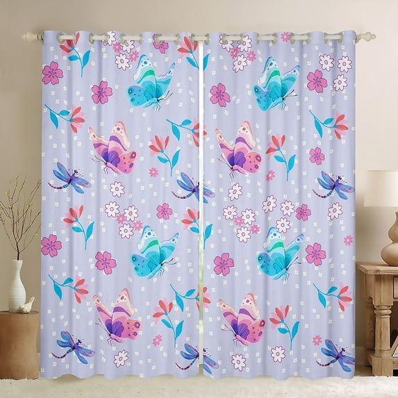 Manfei Dreamy Thistle Butterfly Black Out Curtains, Kawaii Blossoms Flower Curtains Pack of 2 (42x63 Each), Teens Girls Kids Female Bedroom Curtains, Window Curtains Decor