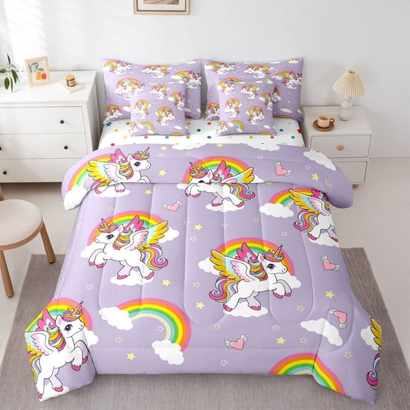 Manfei Dreamy Unicorn 7-Piece Twin Bedding,Cute Cloud Heart Bedding Comforter Set,Lavender Multicolor,Polkadot Reversible