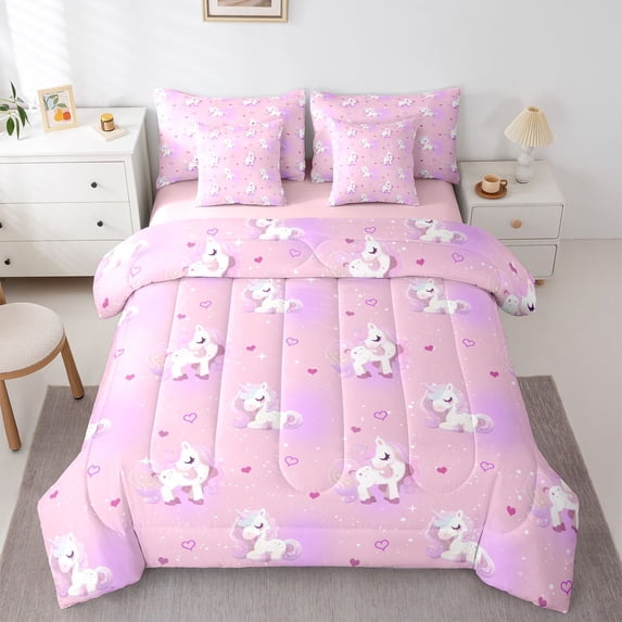 Manfei Dreamy Unicorn 7-Piece Twin Bedding,Heart Sparkle Print Bedding Comforter Set,Pink Purple,Pink Reversible
