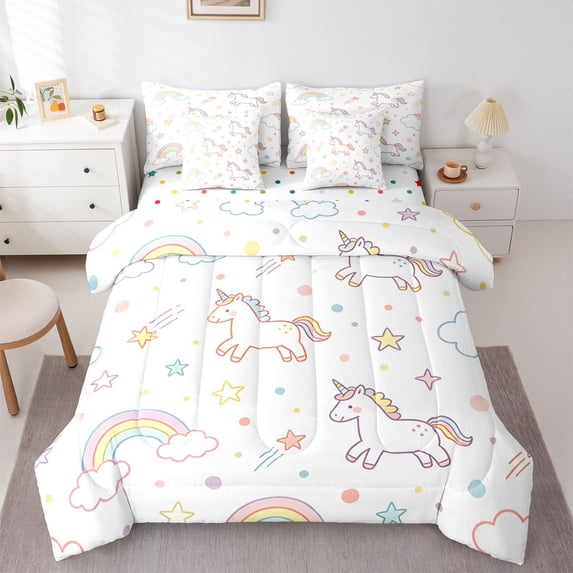 Manfei Dreamy Unicorn 7-Piece Twin Bedding,Pretty Floral Bedding Comforter Set,Purple Pink,Polkadot Reversible