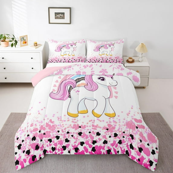 Feelyou Dreamy Unicorn Bedding Comforter Set, Cartoon Rainbow Twin Comforter Sets, Pink Leaf Plant Bedding Set, Ultra Soft Bedroom Decorative, 2pcs