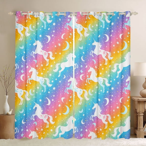 Manfei Dreamy Unicorn Kitchen Curtains, Glitter Galaxy Rainbow Black Out Curtains Pack of 2 (42x63 Each), Blue Pink