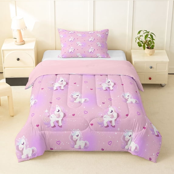 Manfei Dreamy Unicorn Twin Comforter Sets,Heart Sparkle Print Bedding Set,Pink Purple,Pink Reversible,2-Piece,1 Comforter and 1 Pillowcase