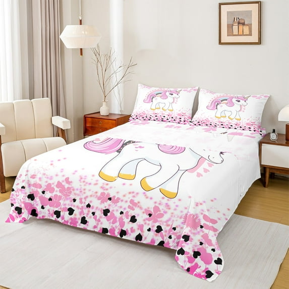 Feelyou Dreamy Unicorn Twin Sheet Sets, Cartoon Rainbow Twin Fitted Sheet, Pink Leaf Plant Flat Sheet, Ultra Soft Bedroom Decorative, 3pcs