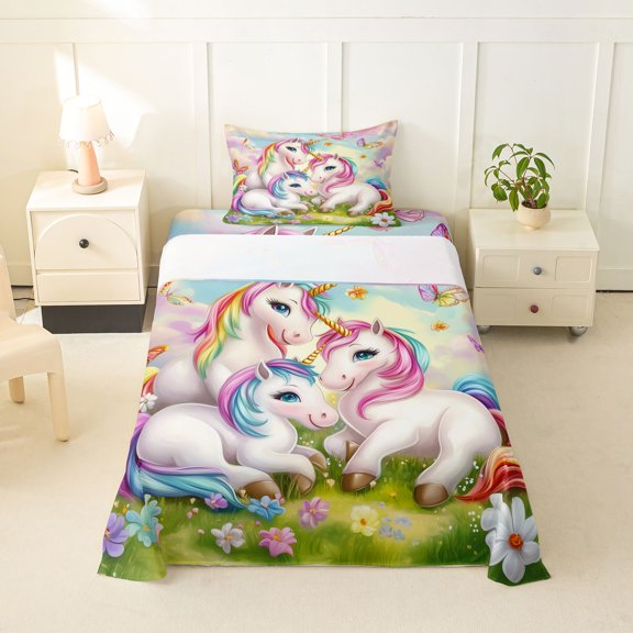 Manfei Dreamy Unicorn Twin Sheets,Magic Butterfly Bedding,Pastel Multicolor,3pcs,1 Fitted Sheet and 1 Pillowcase