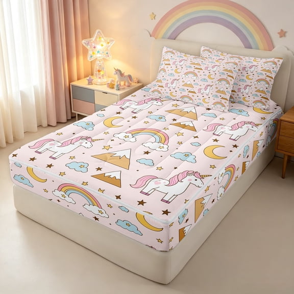 Manfei Dreamy Unicorn Zipper Twin Comforter Sets with Fitted Sheet and 2 Pillowcases, Magical Rainbow Zipper Bedding Set, Pastel Pink, Pink Reversible, 4pcs