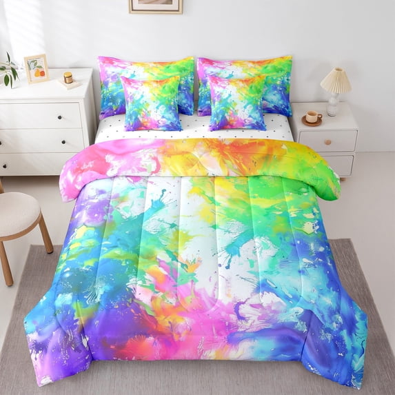 Manfei Dreamy Watercolor Bedding Comforter Set 7 Pieces for Teens, Oil Printing Full Bedding Set, Modern Abstract Art Reversible Fitted Sheet Flat Sheet, Super Cozy Room Decor