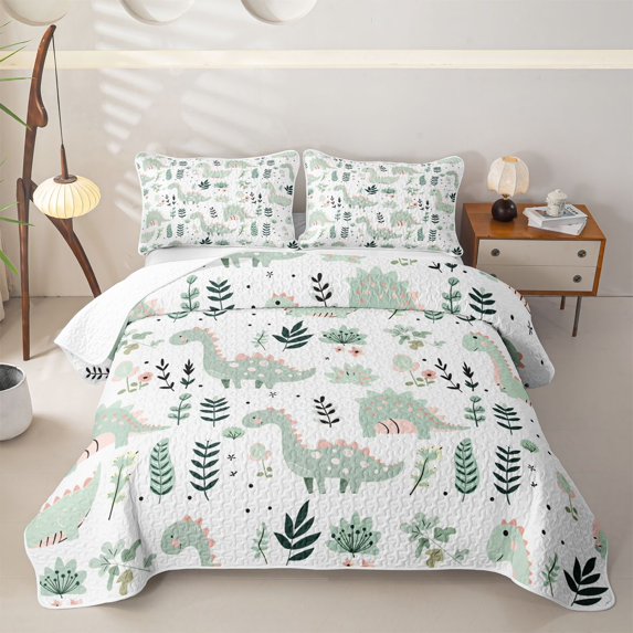 Manfei Dreamy Watercolor Dino Animals Twin Quilt Set,Cute Floral Twin Coverlet Set,White Gray,2 Pieces,1 Bedspread and 1 Pillowcase