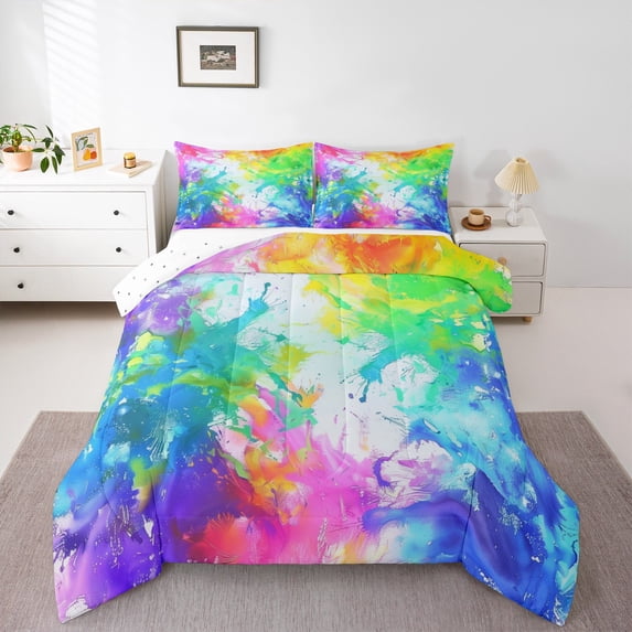 Manfei Dreamy Watercolor Queen Comforter Set for Teens, Oil Printing Bedding Comforter Set, Modern Abstract Art Reversible Bedding Set, Super Cozy Room Decor, 3-Piece